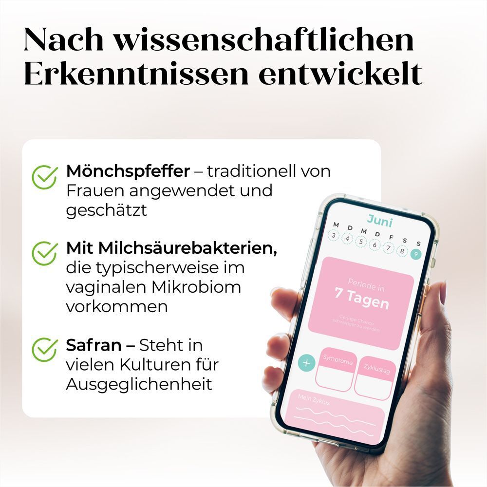 Smartphone mit App. Text: Nach wissenschaftlichen Erkenntnissen entwickelt. Mönchspfeffer, Milchsäurebakterien, Safran.