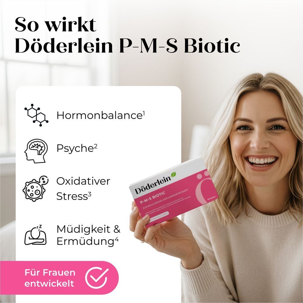 Frau lächelt. Döderlein P-M-S Biotic-Schachtel. Text: So wirkt Döderlein P-M-S Biotic. Hormonbalance, Psyche, Stress, Müdigkeit.