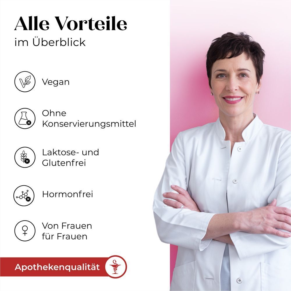 Frau mit verschränkten Armen. Text: Alle Vorteile im Überblick. Vegan, ohne Konservierungsmittel, laktosefrei, hormonfrei.