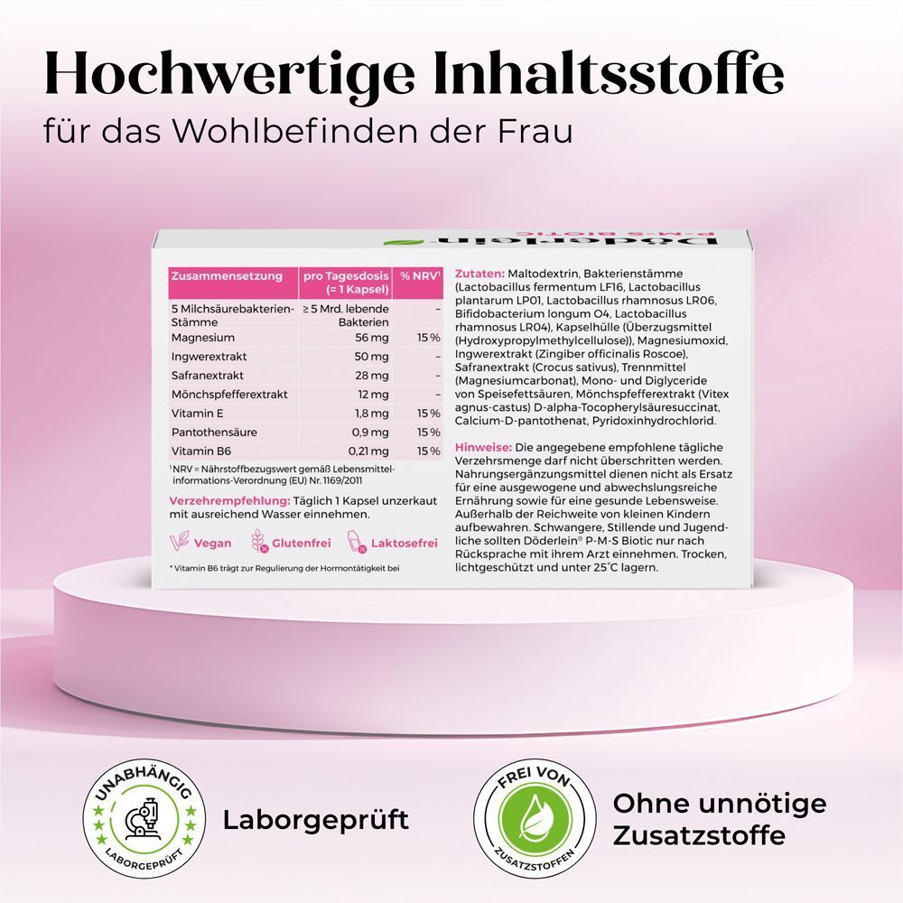 Produktverpackung mit Inhaltsstoffangaben. Text: Hochwertige Inhaltsstoffe für das Wohlbefinden der Frau. Laborgeprüft.