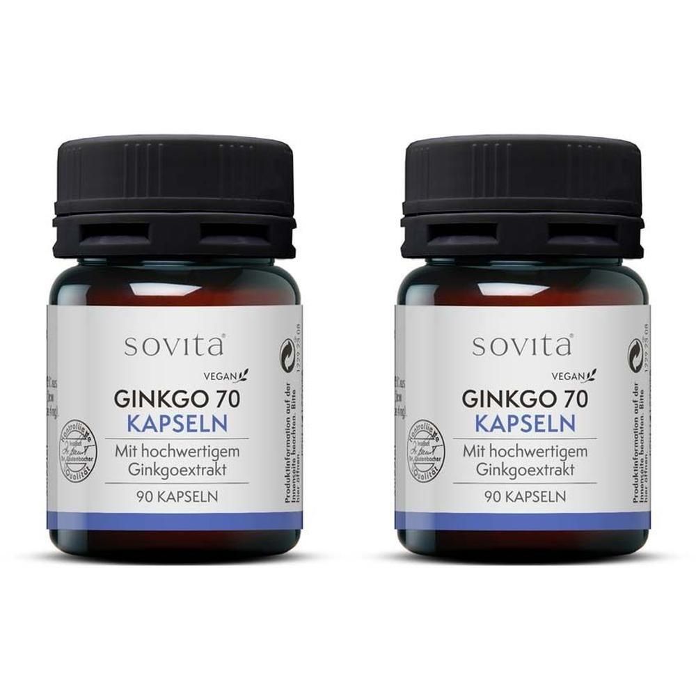 Zwei Flaschen sovita® Ginkgo 70 Kapseln. Braune Glasflaschen mit schwarzen Deckeln und Etiketten. Vegan.