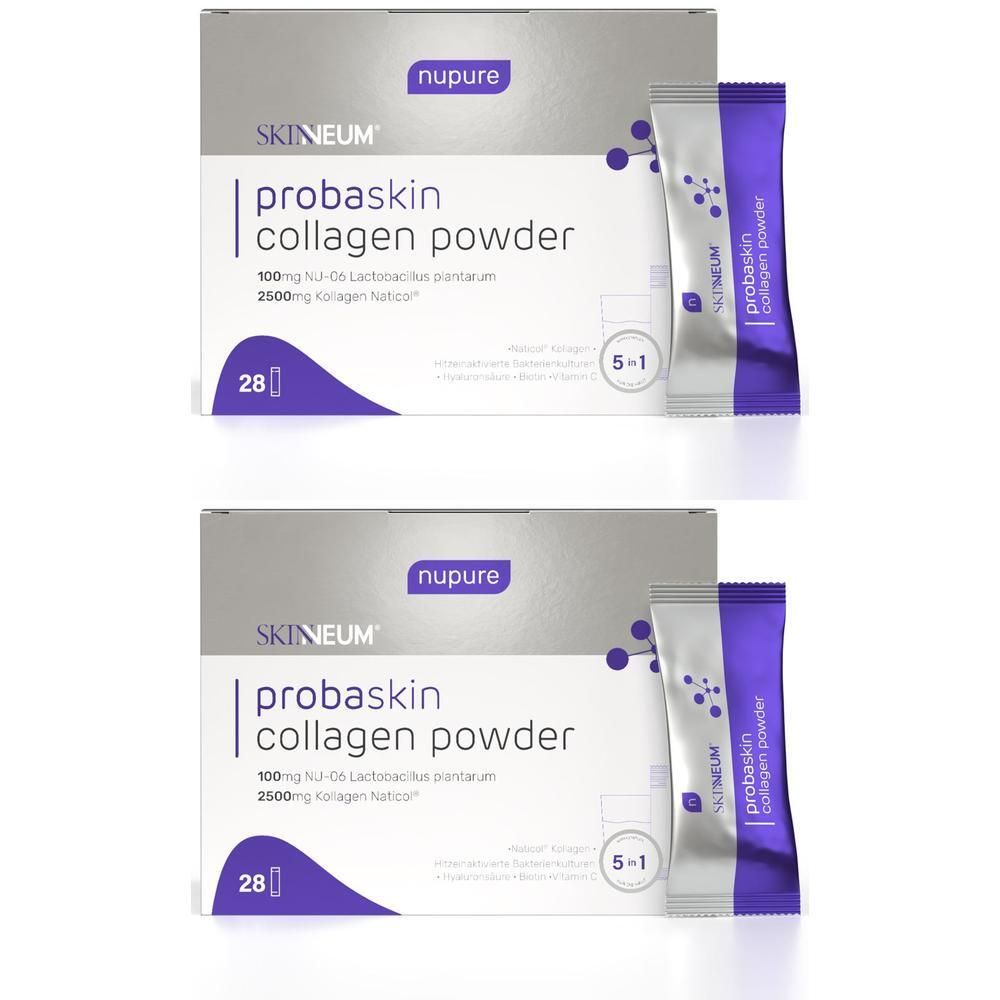 Zwei Produktverpackungen mit Beuteln. Aufschrift: Probaskin Kollagen Pulver. 28 Portionen. Marke: nupure.