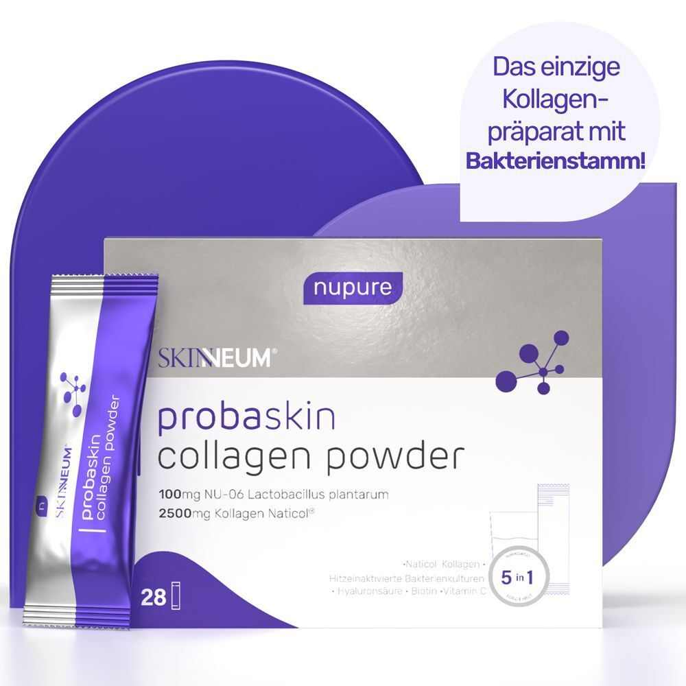 Produktverpackung und Beutel. Aufschrift: Probaskin Kollagen Pulver. 28 Portionen. Marke: nupure. Text: Das einzige Kollagenpräparat mit Bakterienstamm!