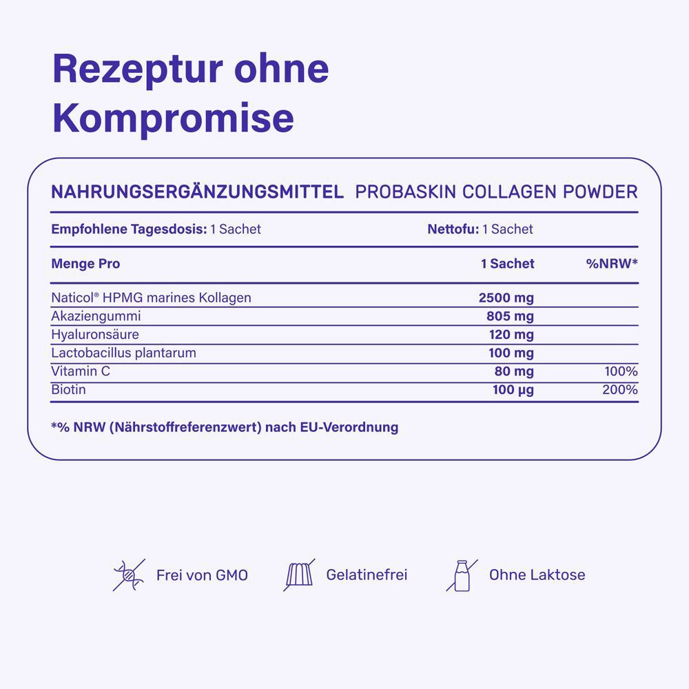Nährwerttabelle. Produkt: Probaskin Kollagen Pulver. Inhaltsstoffe: Naticol, Akaziengummi, Hyaluronsäure, Lactobacillus plantarum, Vitamin C, Biotin.