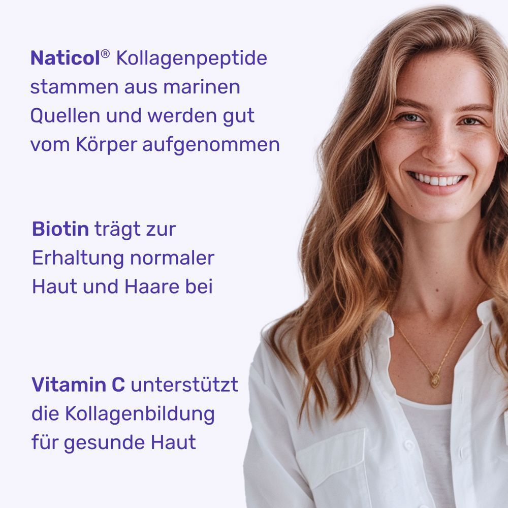 Frau lächelt. Text: Naticol Kollagenpeptide aus marinen Quellen. Biotin für Haut und Haare. Vitamin C für gesunde Haut.