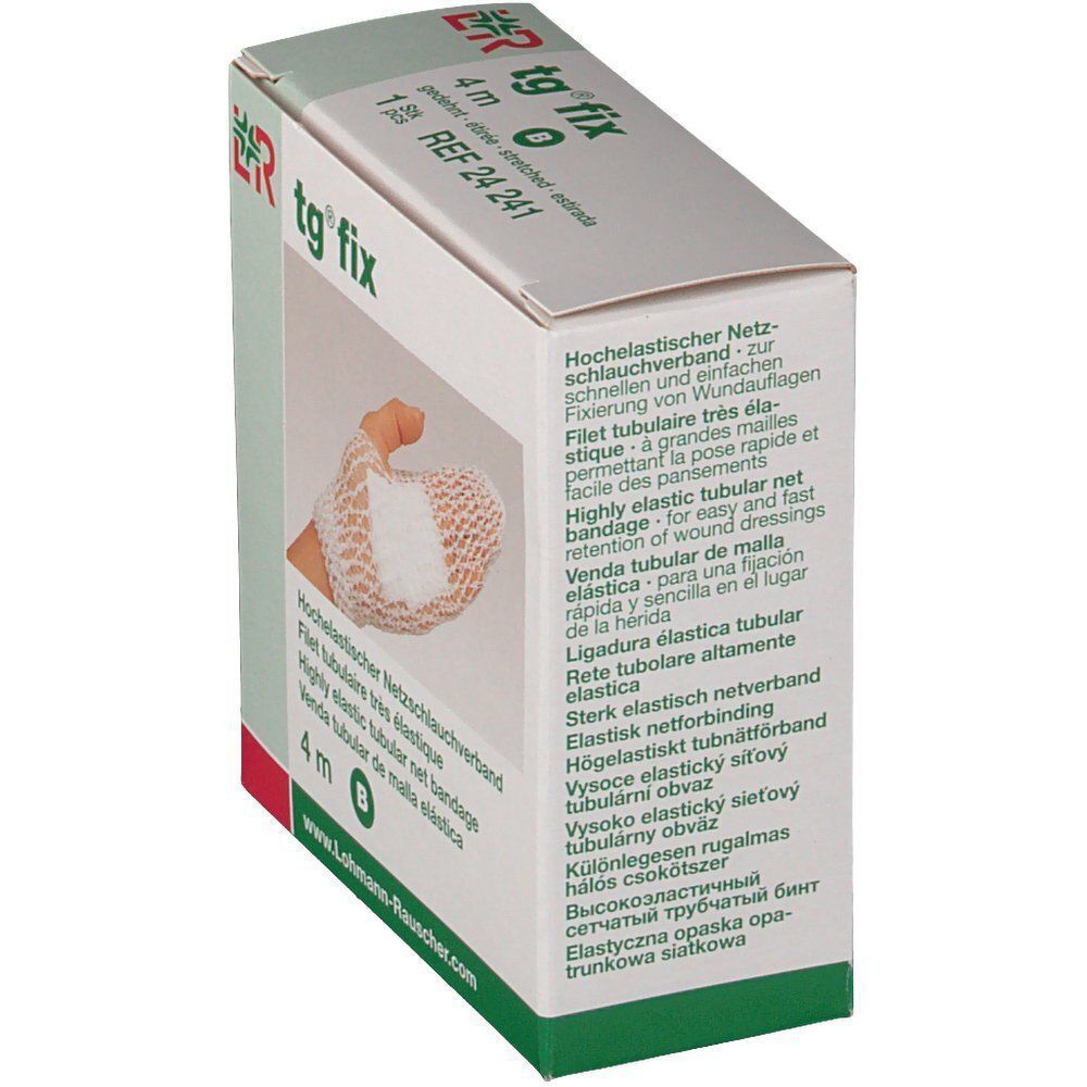 Verpackung von tg fix. Aufschrift: tg fix, 4 m, weiß. Text in mehreren Sprachen. Logo von Lohmann & Rauscher.