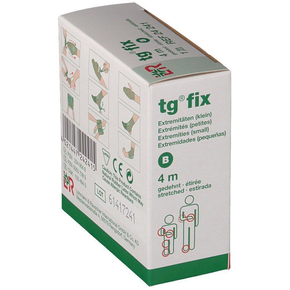 Verpackung von tg fix. Aufschrift: tg fix, 4 m. Abbildungen zur Anwendung. Piktogramm für Extremitäten.