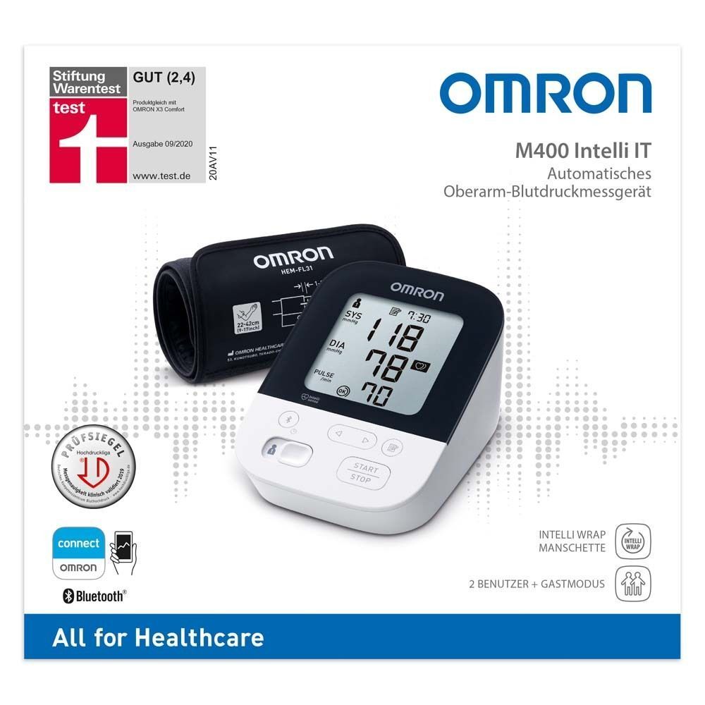 OMRON M400 Intelli IT Blutdruckmessgerät mit Manschette. Verpackung mit Produktnamen, Logo und Zertifizierungen. Gerät und Manschette abgebildet.