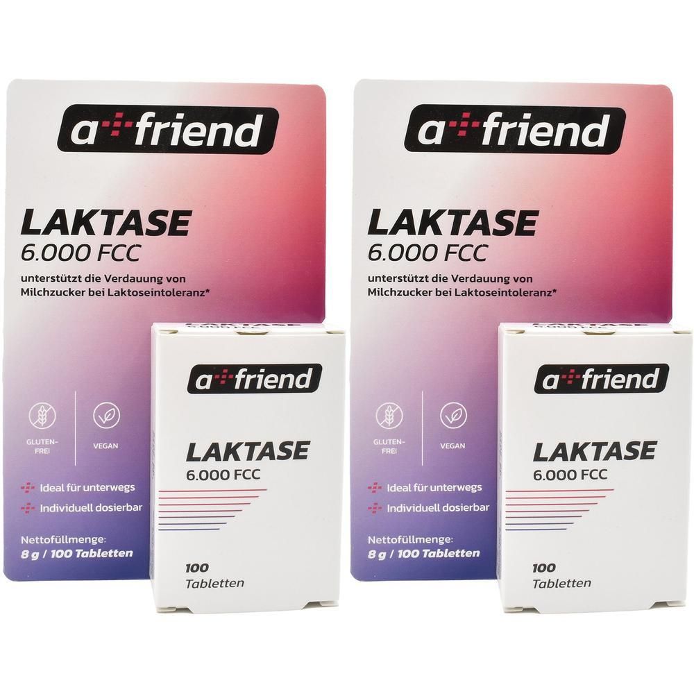 Zwei Packungen und zwei Tablettenboxen. Aufdruck: a friend Laktase 6.000 FCC. Glutenfrei, vegan. 100 Tabletten.