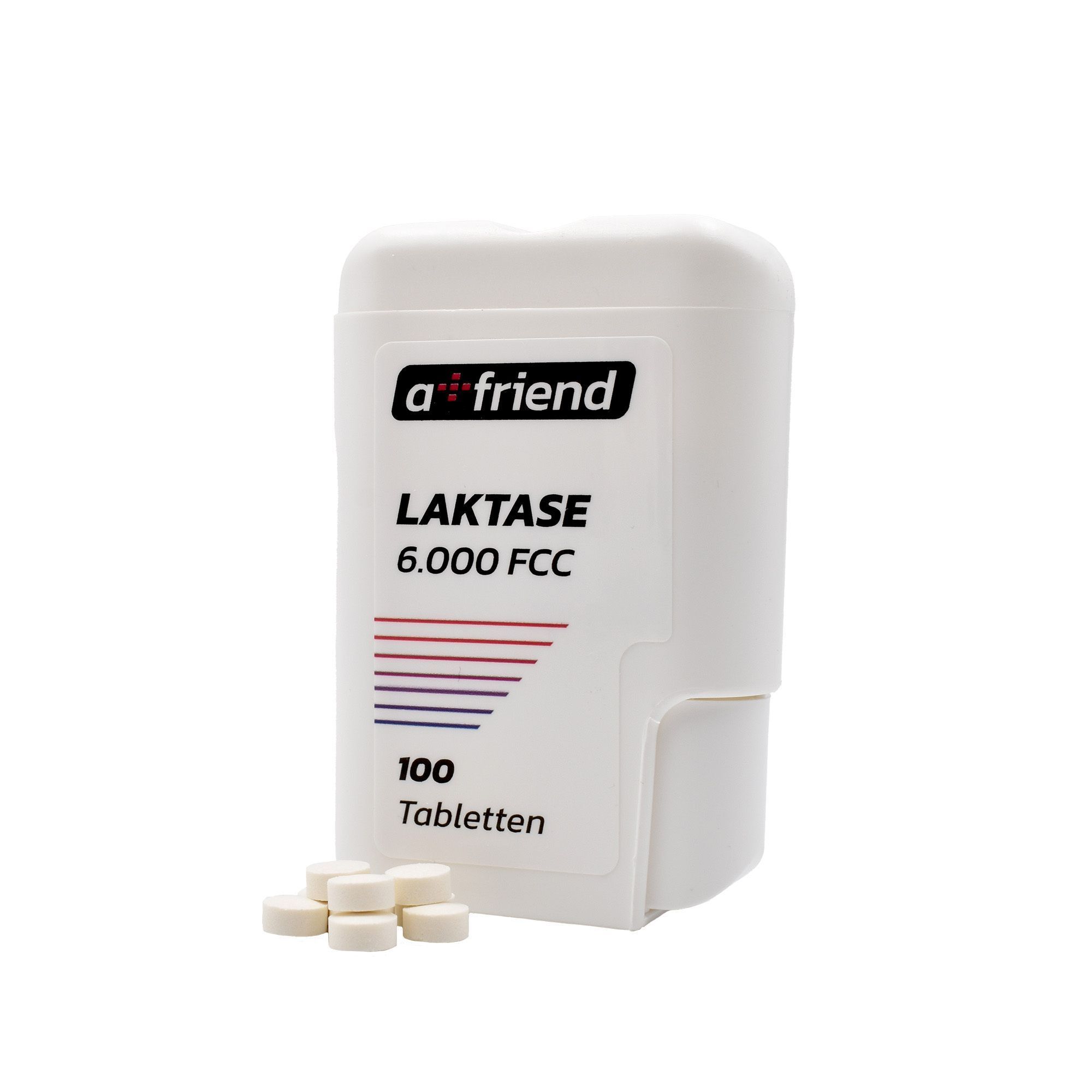 Weißer Tablettenspender mit Aufdruck: a friend Laktase 6.000 FCC. 100 Tabletten. Daneben einige Tabletten.