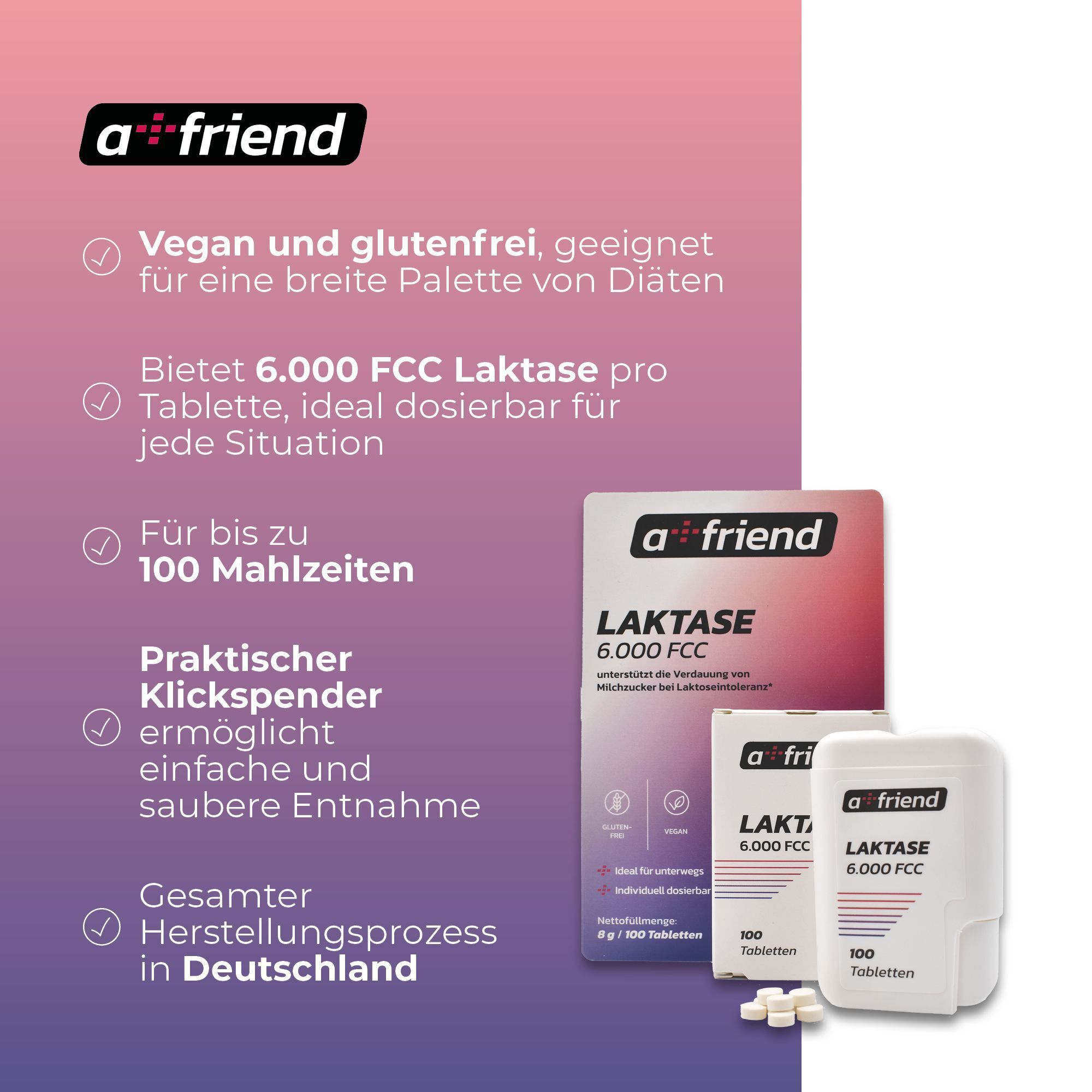 Text auf farbigem Hintergrund: Vegan und glutenfrei. Bietet 6.000 FCC Laktase pro Tablette. a friend Logo. Tablettenboxen.