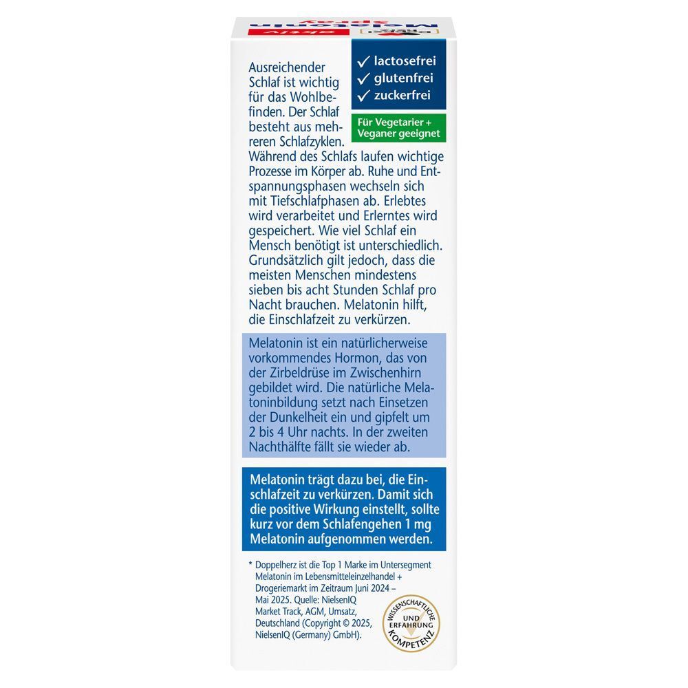 Rückseite einer Packung Doppelherz Melatonin Spray mit Informationen zu Inhaltsstoffen und Anwendung.