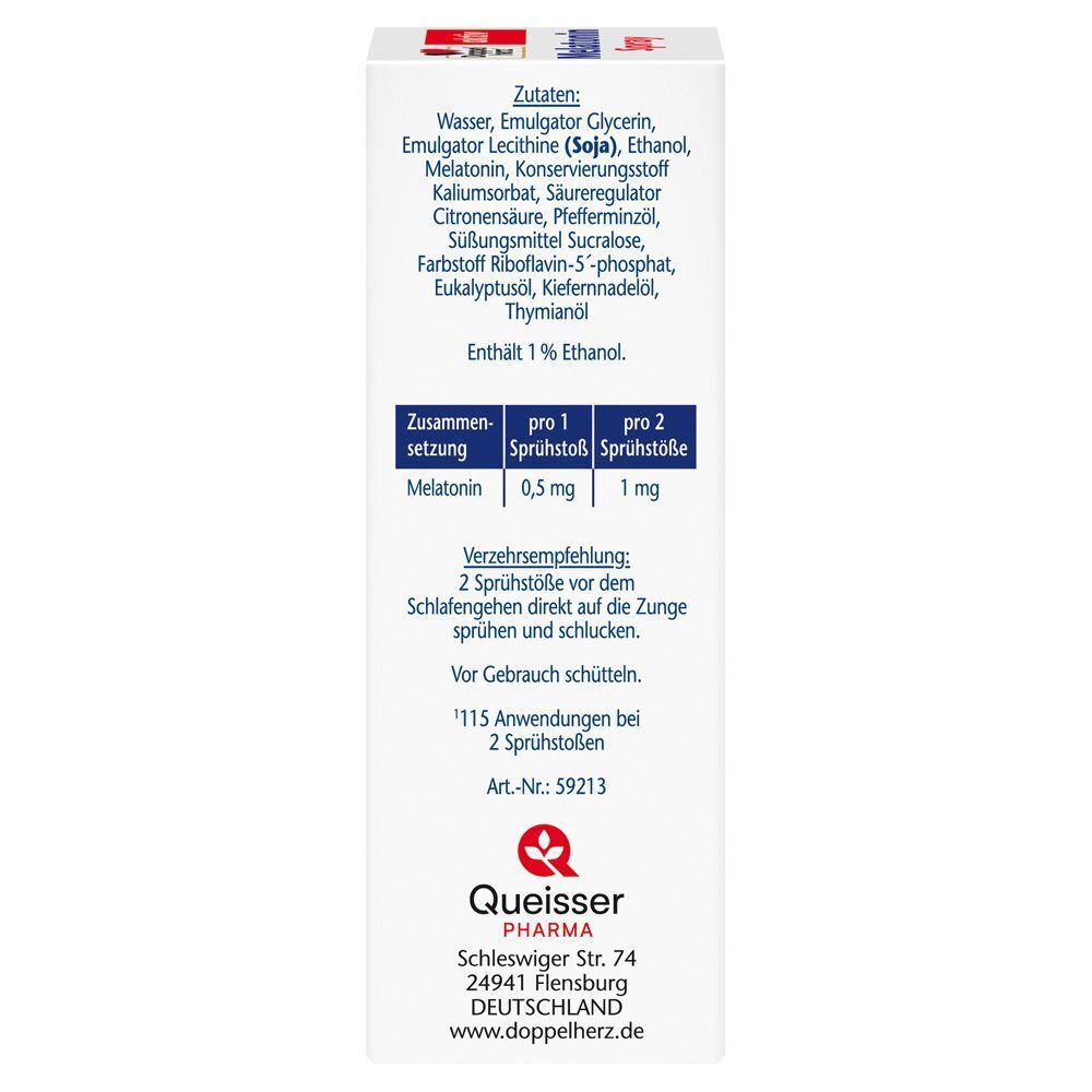 Seitenansicht einer Packung Doppelherz Melatonin Spray mit Zutatenliste und Dosierungsempfehlung.