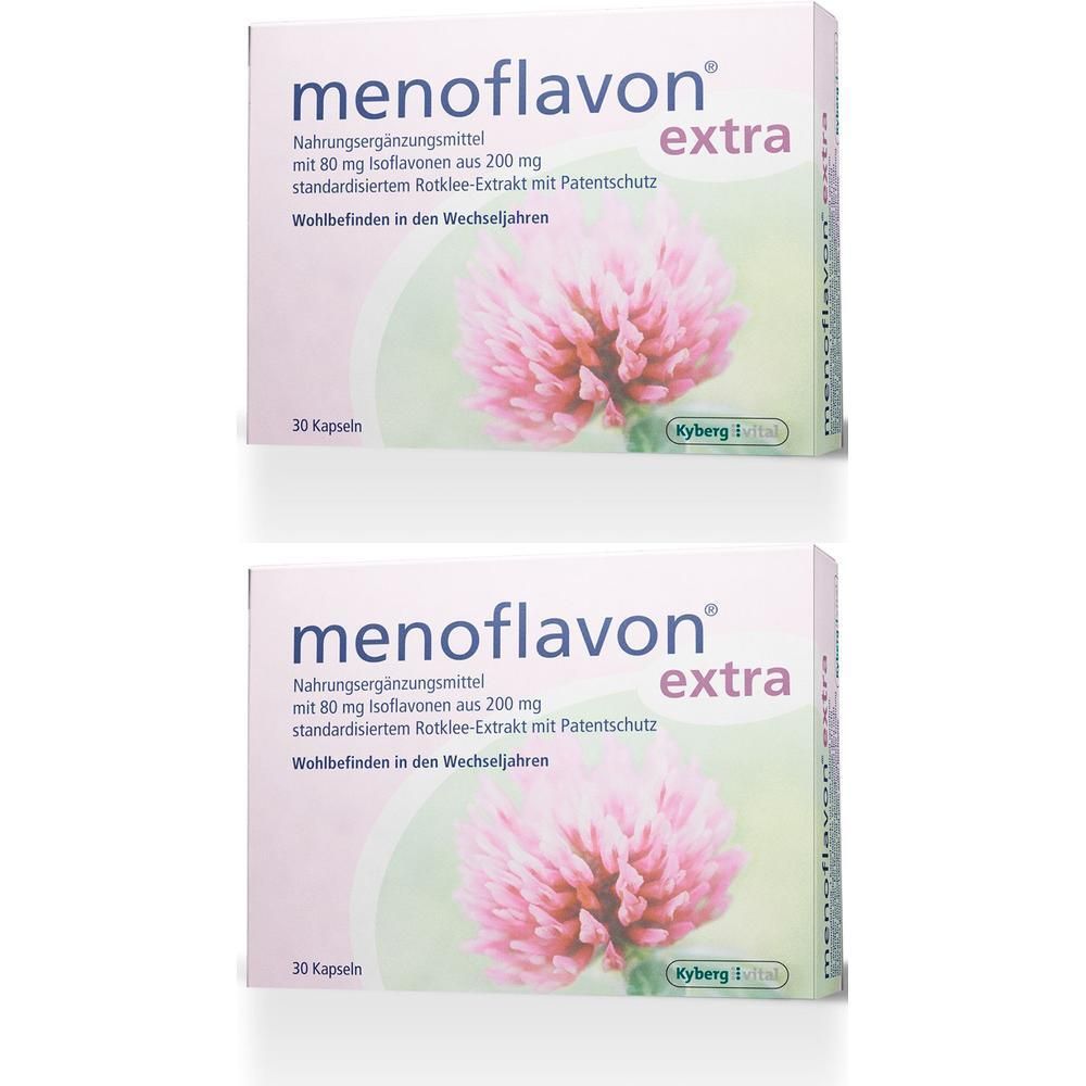 Zwei Schachteln Menoflavon extra. Aufdruck: Nahrungsergänzungsmittel, 30 Kapseln, Kleeblüte. Kyberg-Logo.