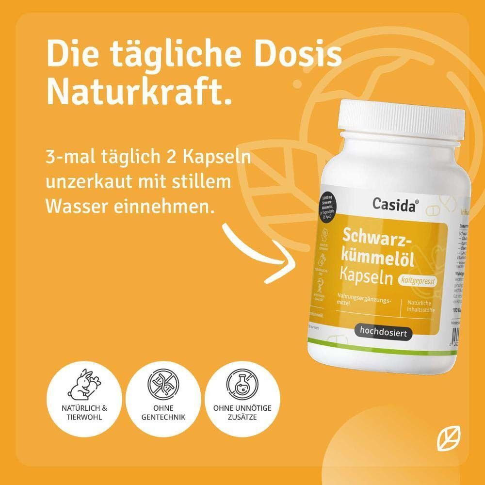 Weiße Flasche Casida® Schwarzkümmelöl Kapseln. Aufschrift: Kapseln, hochdosiert. Text: 3-mal täglich 2 Kapseln unzerkaut mit stillem Wasser einnehmen.