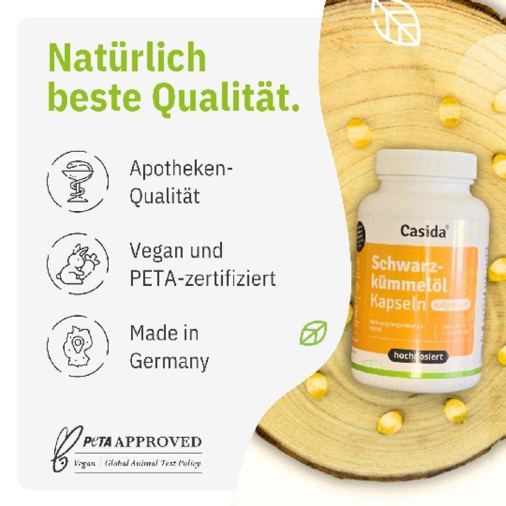 Weiße Flasche Casida® Schwarzkümmelöl Kapseln. Aufschrift: Kapseln, hochdosiert. PETA-Zertifizierung. Apotheken-Qualität. Vegan.