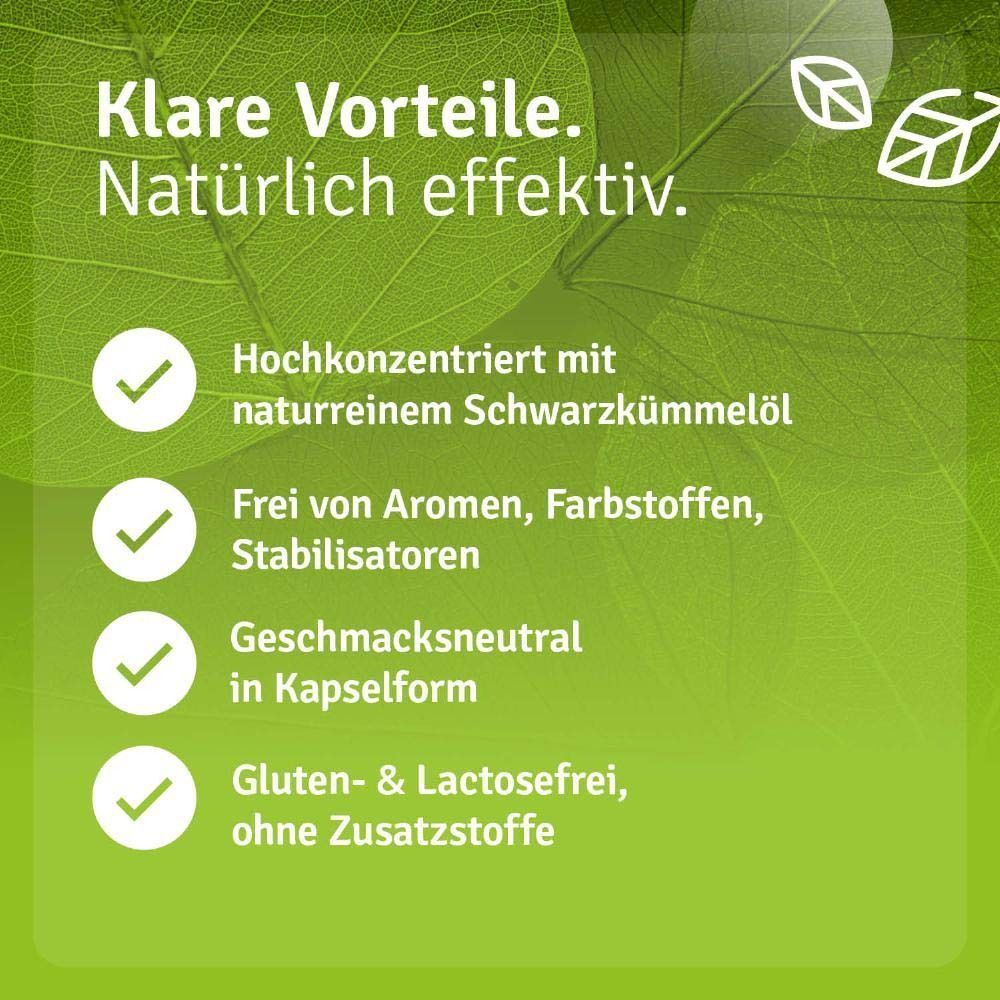 Text: Hochkonzentriert mit naturreinem Schwarzkümmelöl. Frei von Aromen, Farbstoffen, Stabilisatoren. Geschmacksneutral in Kapselform.