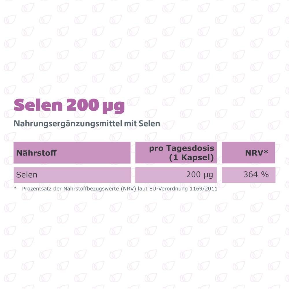 Nährwerttabelle für Selen 200 μg: 200 μg Selen pro Kapsel, 364% NRV.