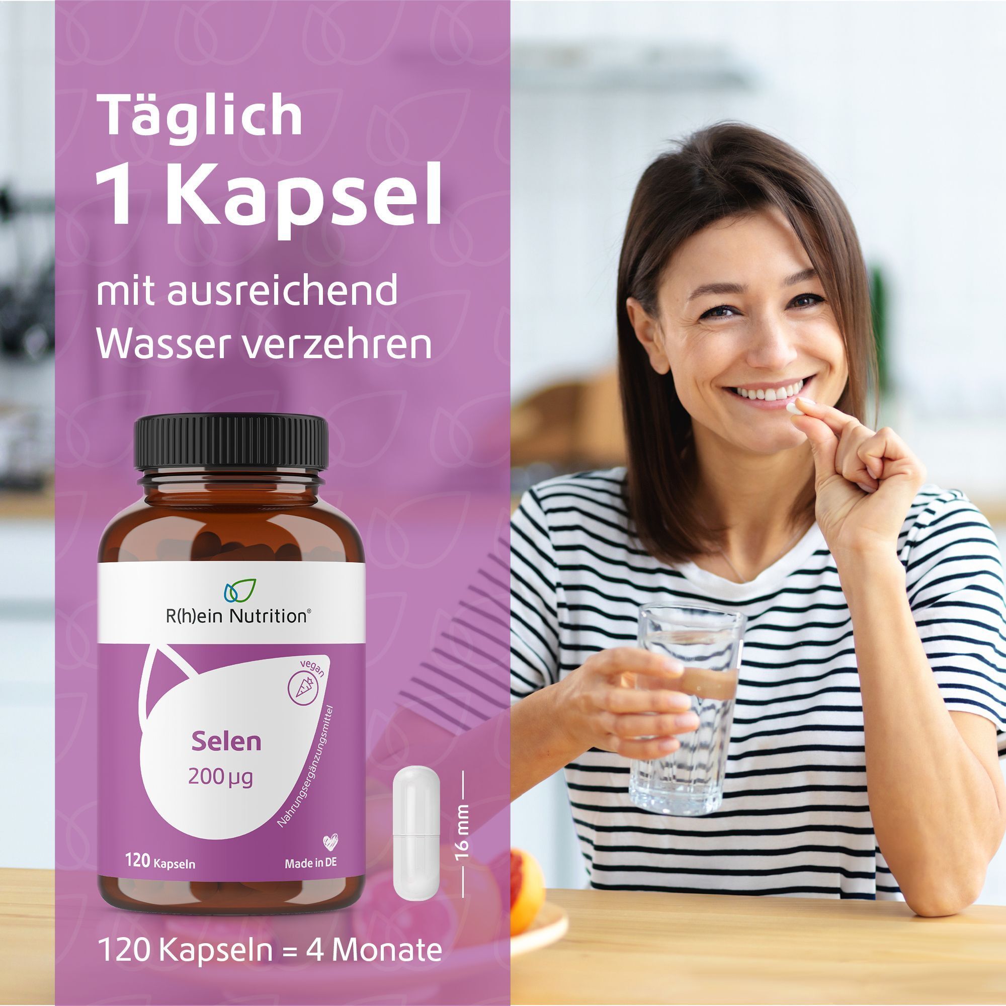 Frau nimmt eine Kapsel Selen 200 μg mit Wasser ein. Flasche und Kapselgrößenangabe (16 mm) sichtbar.