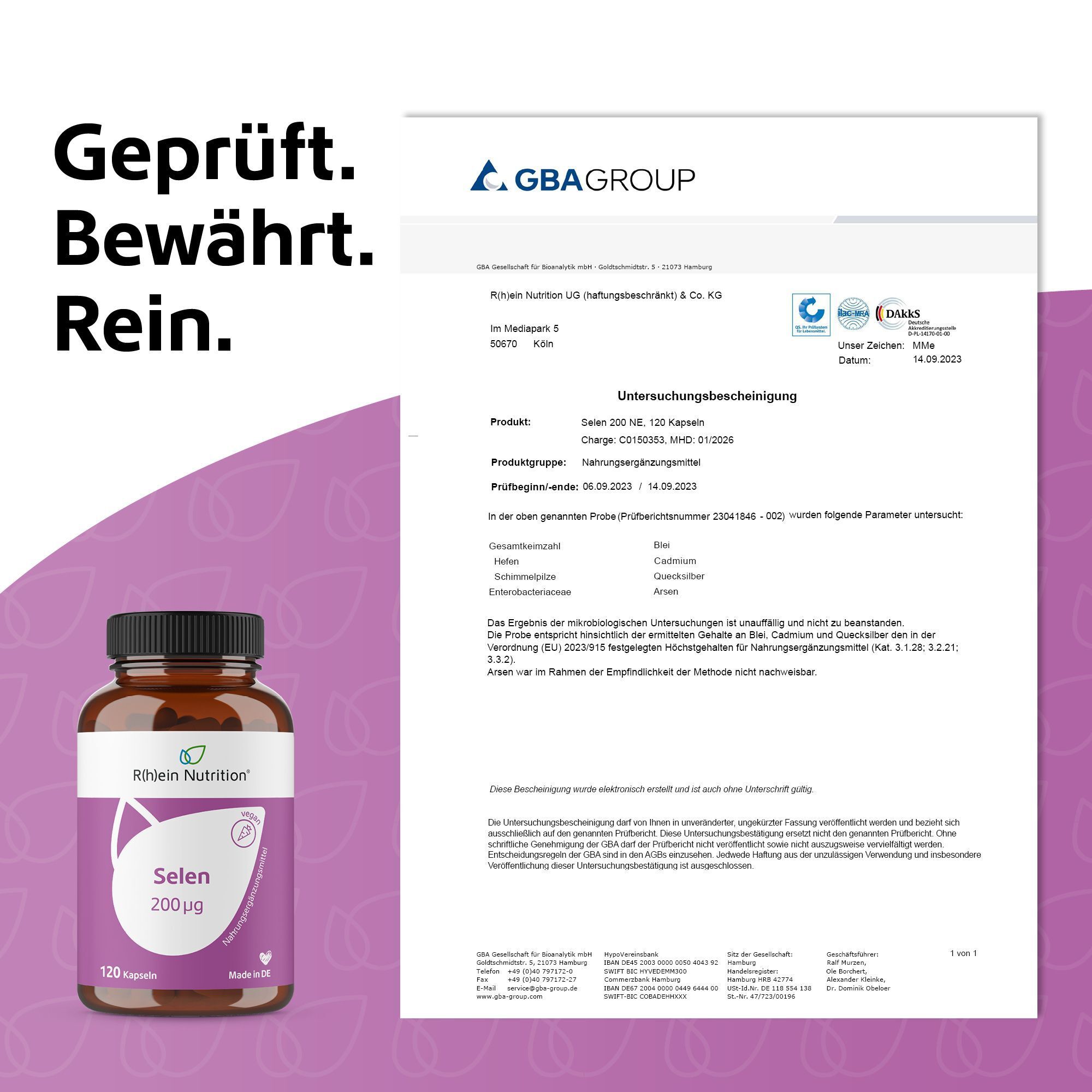 Flasche Selen 200 μg von R(h)ein Nutrition neben einem Analysezertifikat von GBA GROUP.