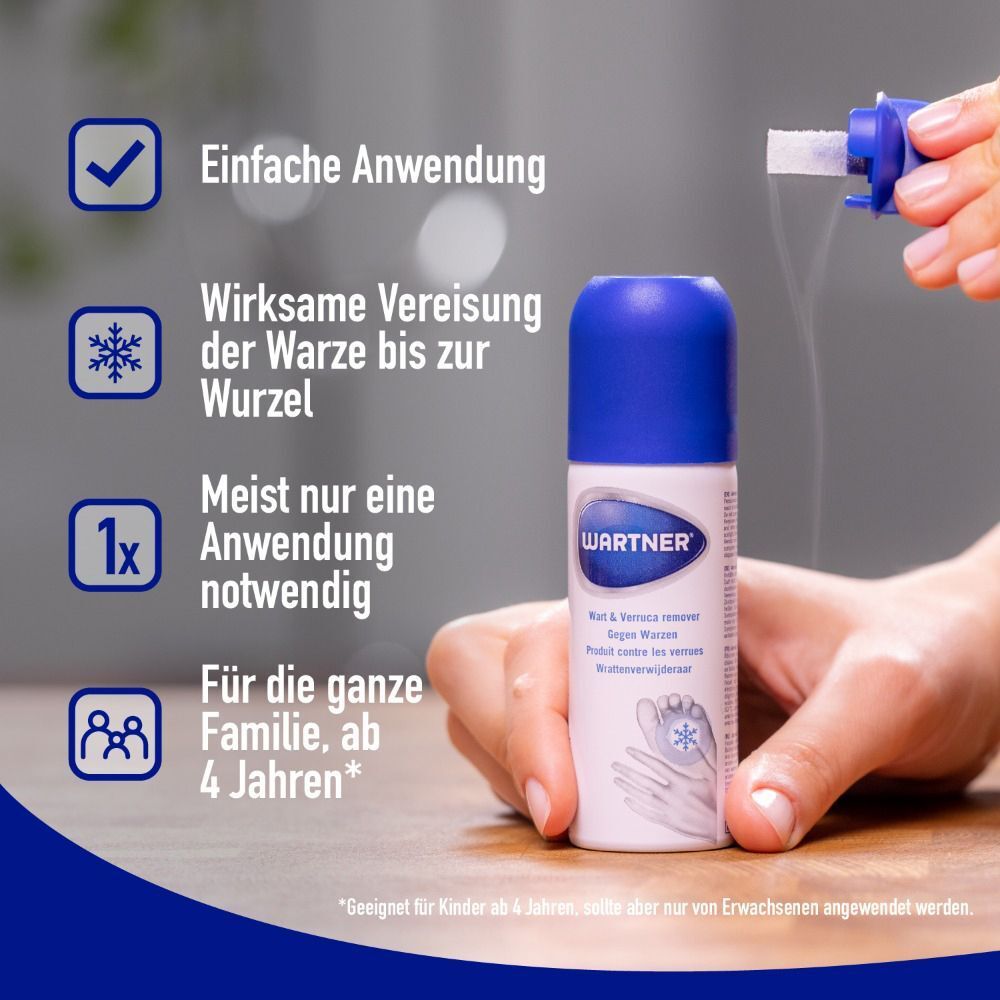Hand hält WARTNER Fußwarzen Spray. Produktinformationen und Icons. Einfache Anwendung, schnelle Vereisung.