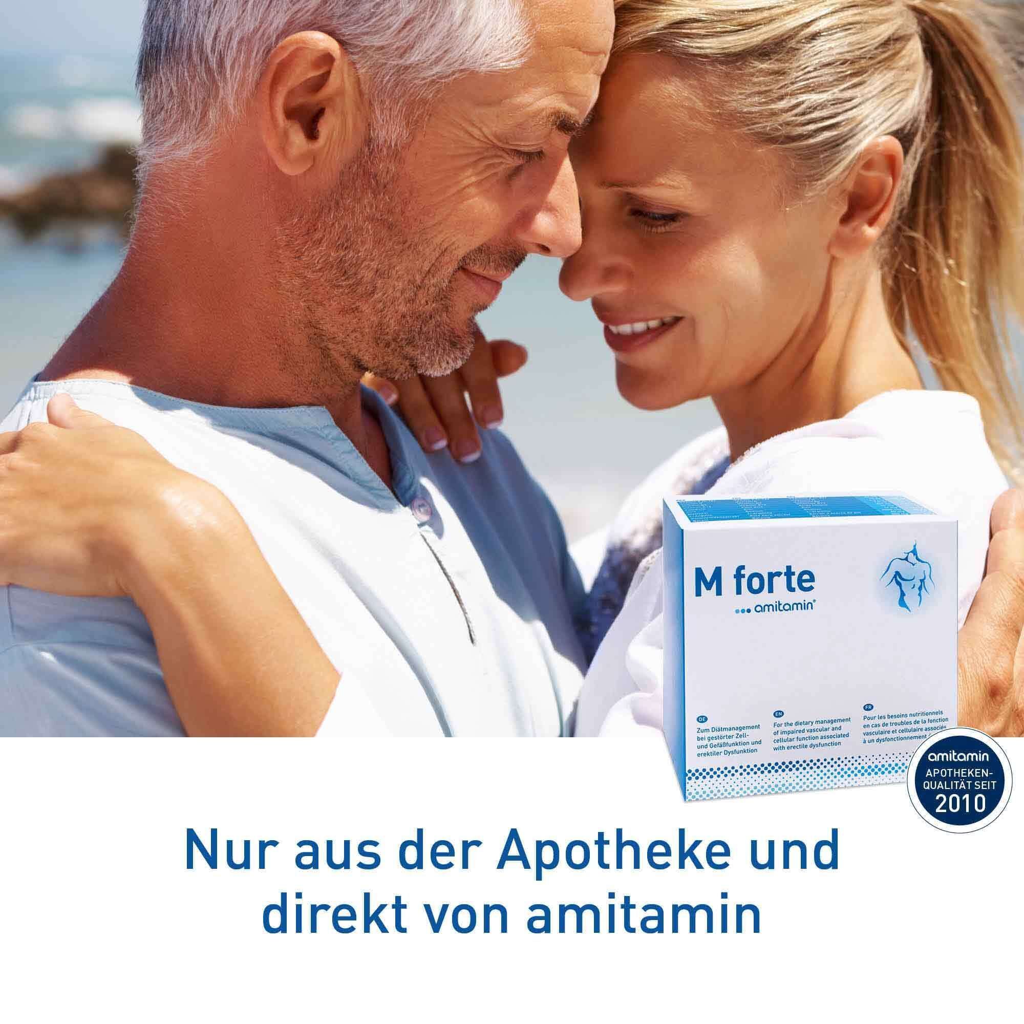 Paar, Produktverpackung mit Aufdruck: M forte, amitamin. Text: Nur aus der Apotheke und direkt von amitamin.
