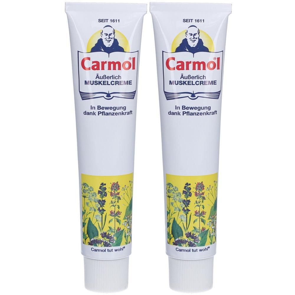 Zwei Tuben Carmol Muskelcreme. Weiße Tuben mit gelbem Abschnitt und Produktnamen. Text: Äußerlich Muskelcreme.