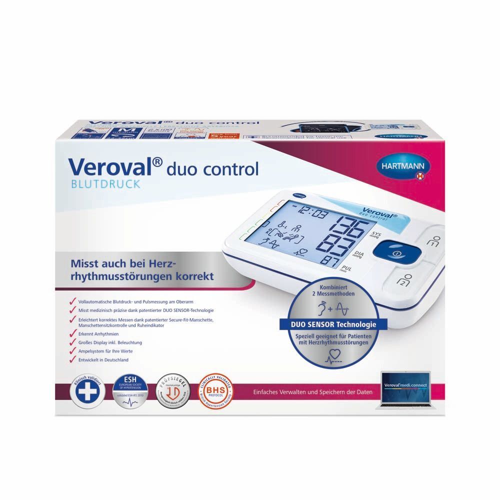 Verpackung von Veroval duo control. Zeigt das Gerät, Text und Diagramme. Enthält Informationen zur Technologie.