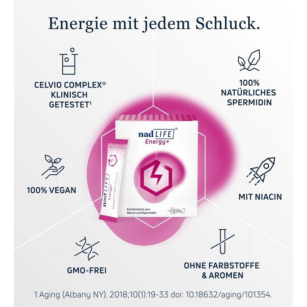 Packung nadLIFE® Energy+ und ein Sachet. Text: Energie mit jedem Schluck. Logos: 100% vegan, GMO-frei, ohne Farb- und Aromastoffe, mit Niacin.