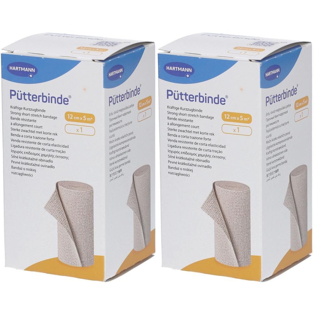 Zwei Kartons Pütterbinde, 12 cm x 5 m. Aufschrift: Hartmann. Beige elastische Kurzzugbinde, x1.