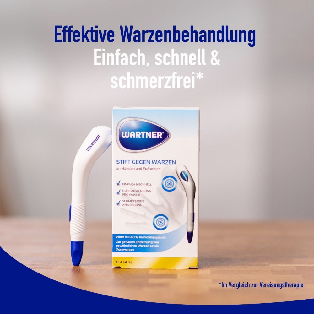 Produkt und Verpackung. Weißer Stift neben einer Verpackung. Text: WARTNER, Stift gegen Warzen. Effiziente Warzenbehandlung. Einfach, schnell & schmerzfrei.
