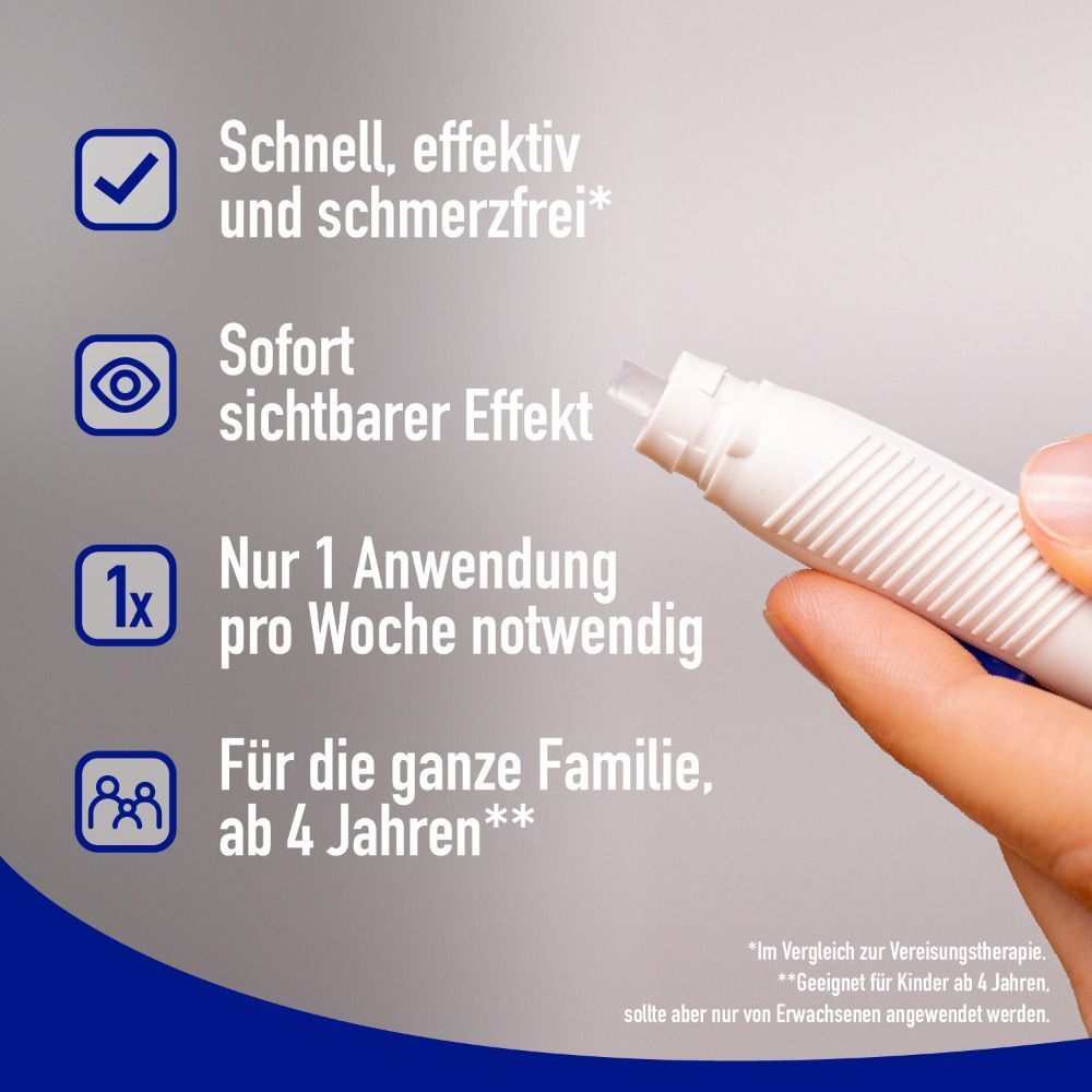 Nahaufnahme einer Hand, die einen weißen Stift hält. Text: Schnell, effektiv und schmerzfrei. Sofort sichtbarer Effekt. Nur 1 Anwendung pro Woche notwendig.