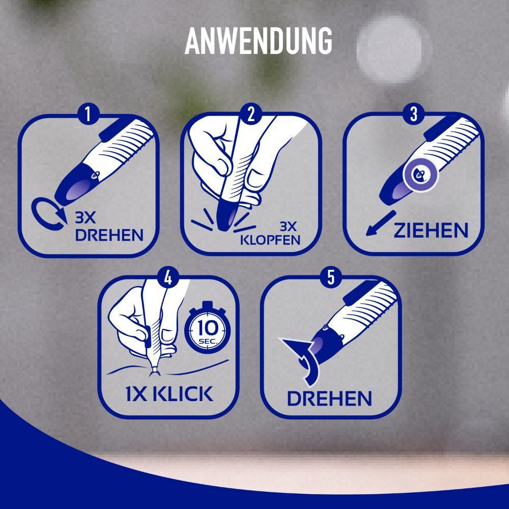 Anwendungsschritte. 5 Illustrationen zeigen die Anwendung des Stifts. Drehen, klopfen, ziehen, klicken, drehen. Text: Anwendung.