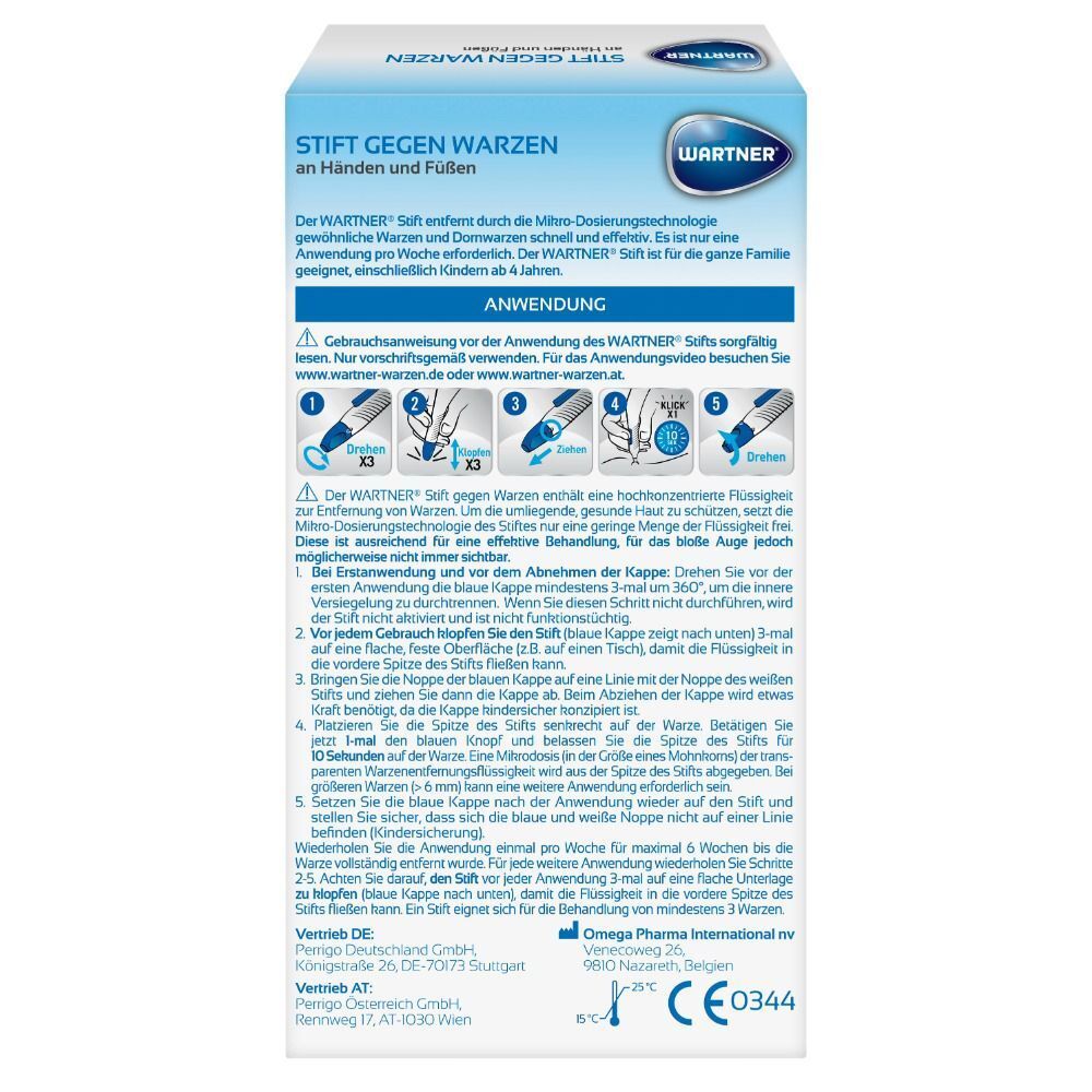 Blaue und weiße Verpackung. Text: WARTNER Stift gegen Warzen. Anwendungshinweise. Illustrationen der Anwendungsschritte. Text: CE0344.