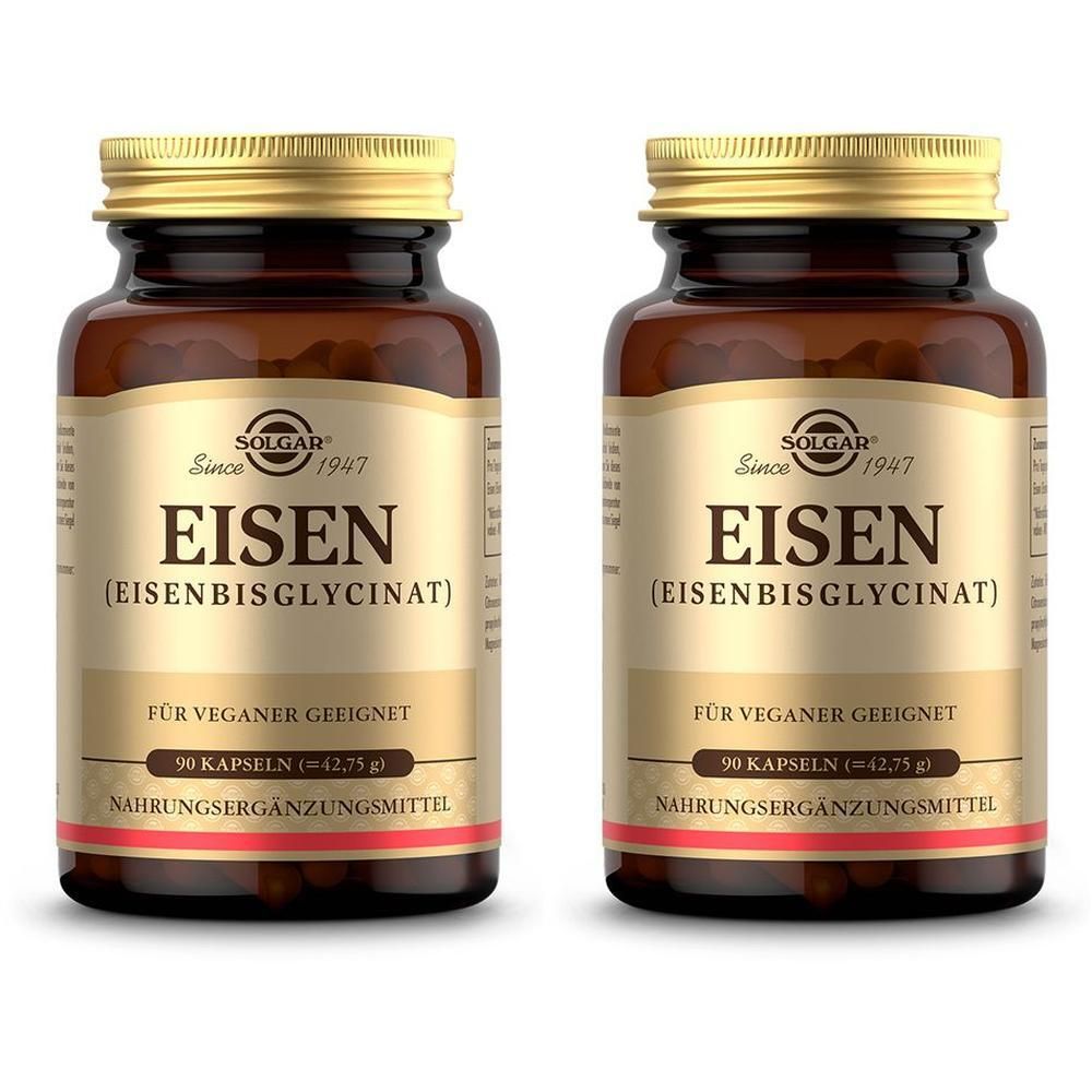Zwei braune Glasflaschen mit goldenen Deckeln. Auf den Etiketten steht "EISEN (EISENBISGLYCINAT)".