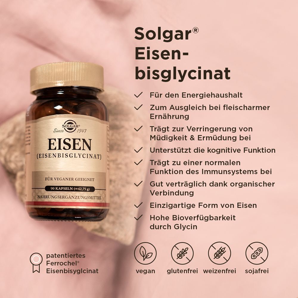 Braune Flasche mit goldenem Deckel. Auf dem Etikett steht "EISEN (EISENBISGLYCINAT)". Text und Symbole für vegan, glutenfrei, weizenfrei, sojafrei.