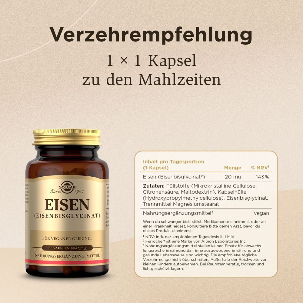 Braune Flasche mit goldenem Deckel. Auf dem Etikett steht "EISEN (EISENBISGLYCINAT)". Daneben eine Tabelle mit Inhaltsstoffen.