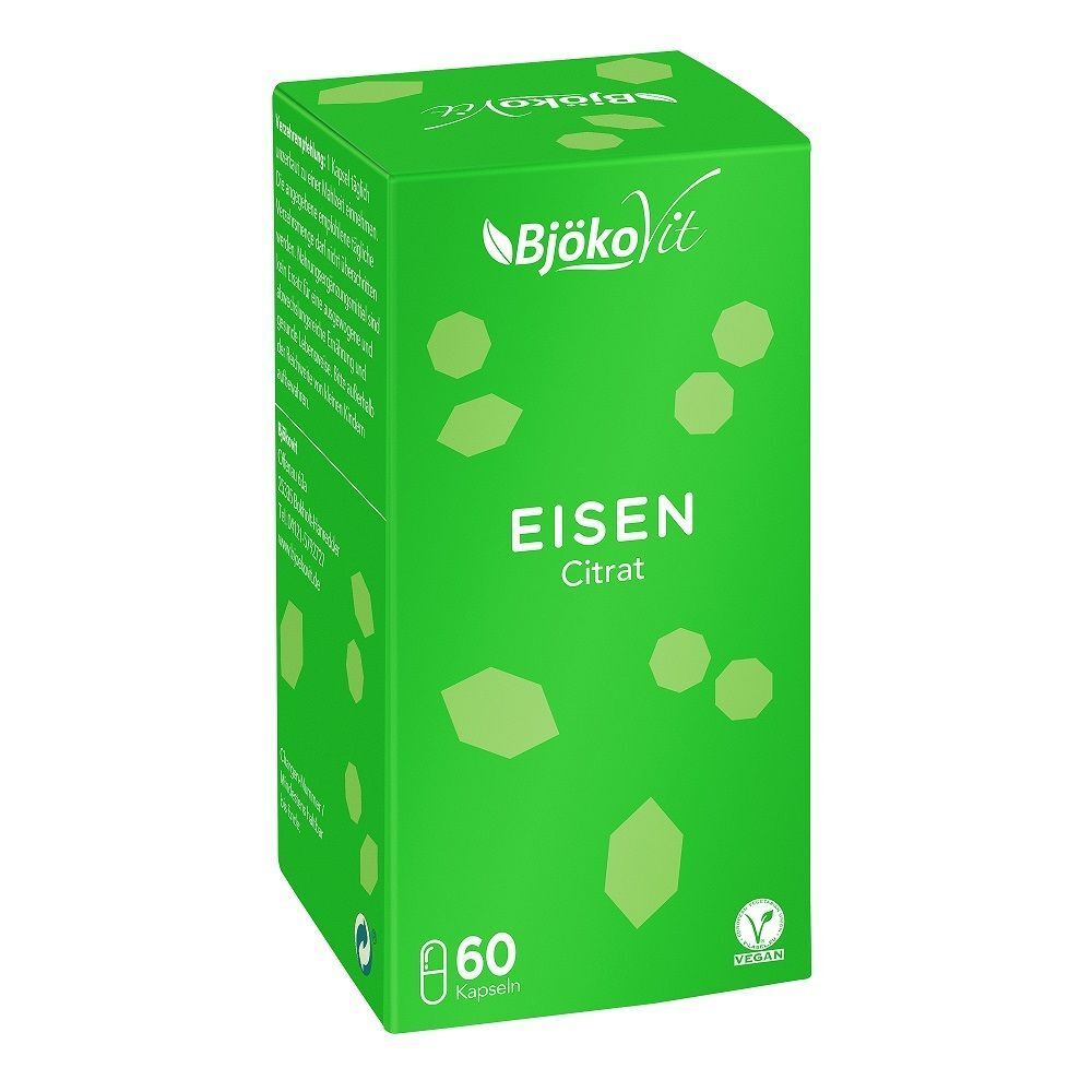 Grüne Schachtel mit weißer Aufschrift: Eisen Citrat. 60 Kapseln. BjökoVit Logo.