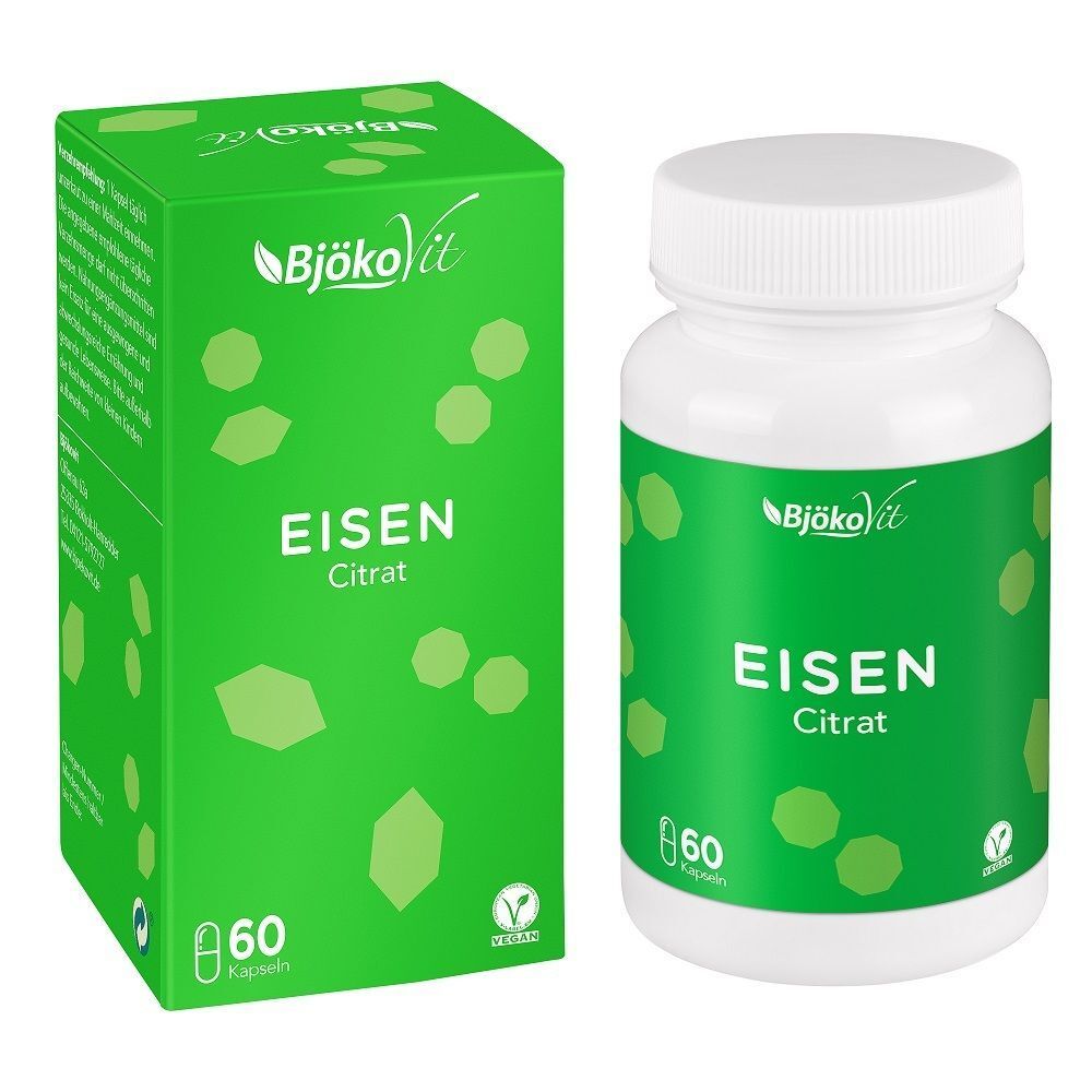 Grüne Schachtel und weiße Flasche. Aufschrift: Eisen Citrat. 60 Kapseln. BjökoVit Logo.