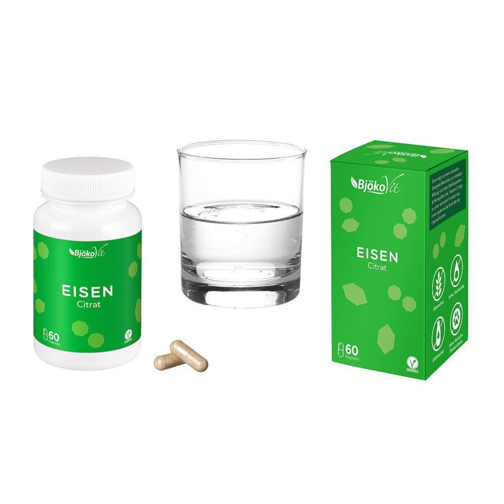 Flasche, Glas Wasser, Kapseln und grüne Schachtel. Aufschrift: Eisen Citrat. 60 Kapseln. BjökoVit Logo.