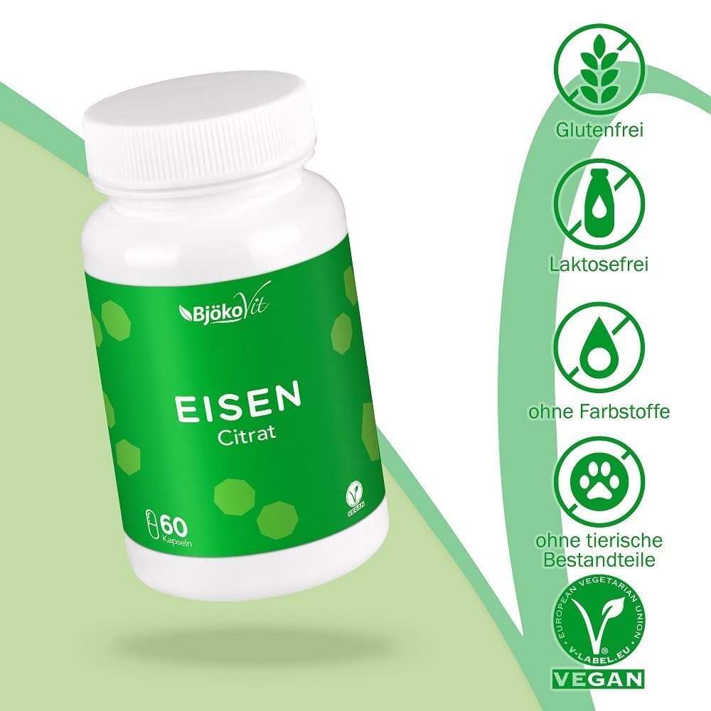 Weiße Flasche mit grünem Etikett. Aufschrift: Eisen Citrat. 60 Kapseln. Vegan-Siegel. Glutenfrei, laktosefrei.