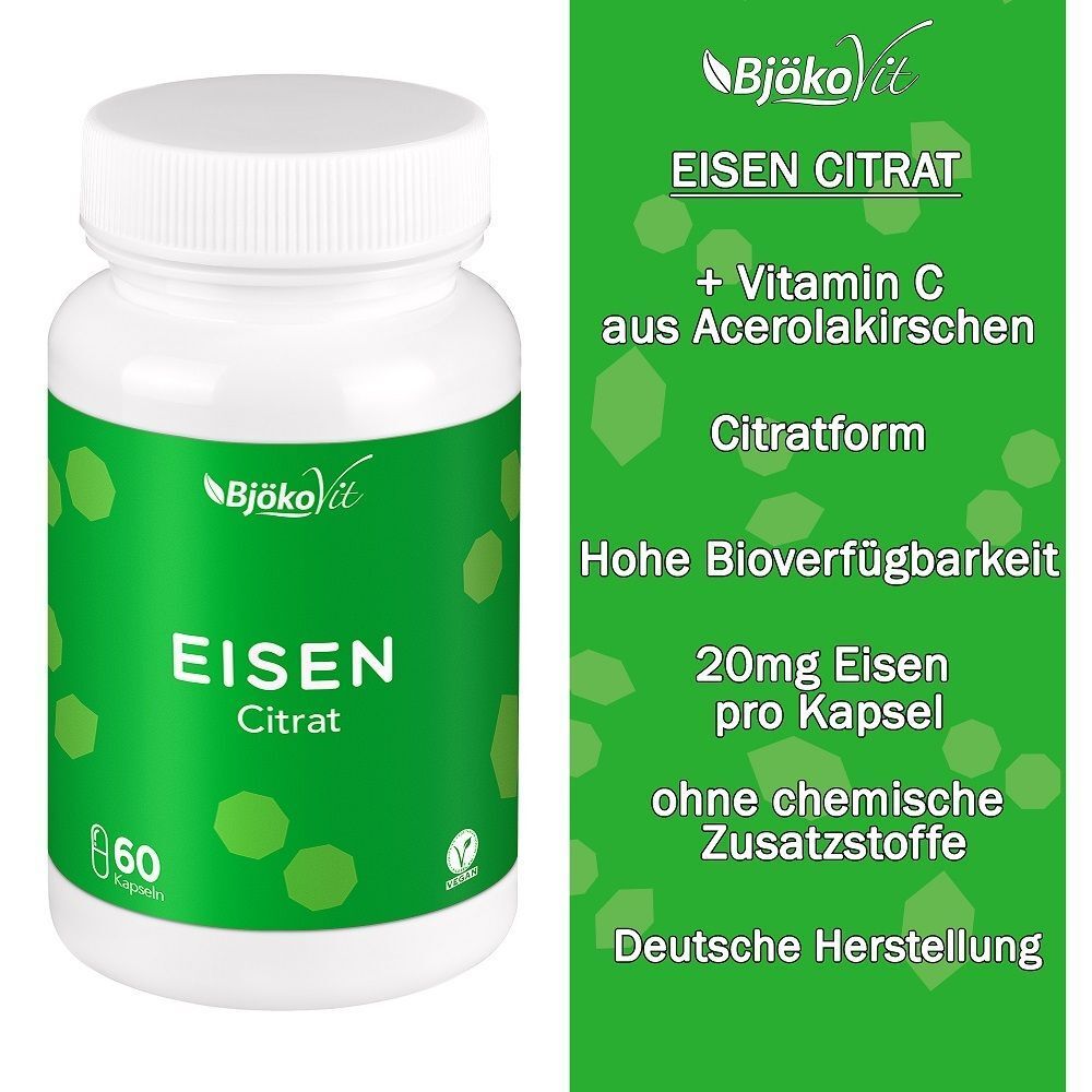 Flasche mit grünem Etikett. Aufschrift: Eisen Citrat. 60 Kapseln. Zusätzliche Produktinformationen.