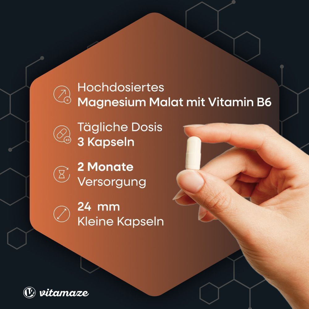 Eine Hand hält eine kleine Magnesium-Kapsel. Informationen: Hochdosiert, 3 Kapseln täglich, 2 Monate Vorrat, 24 mm.
