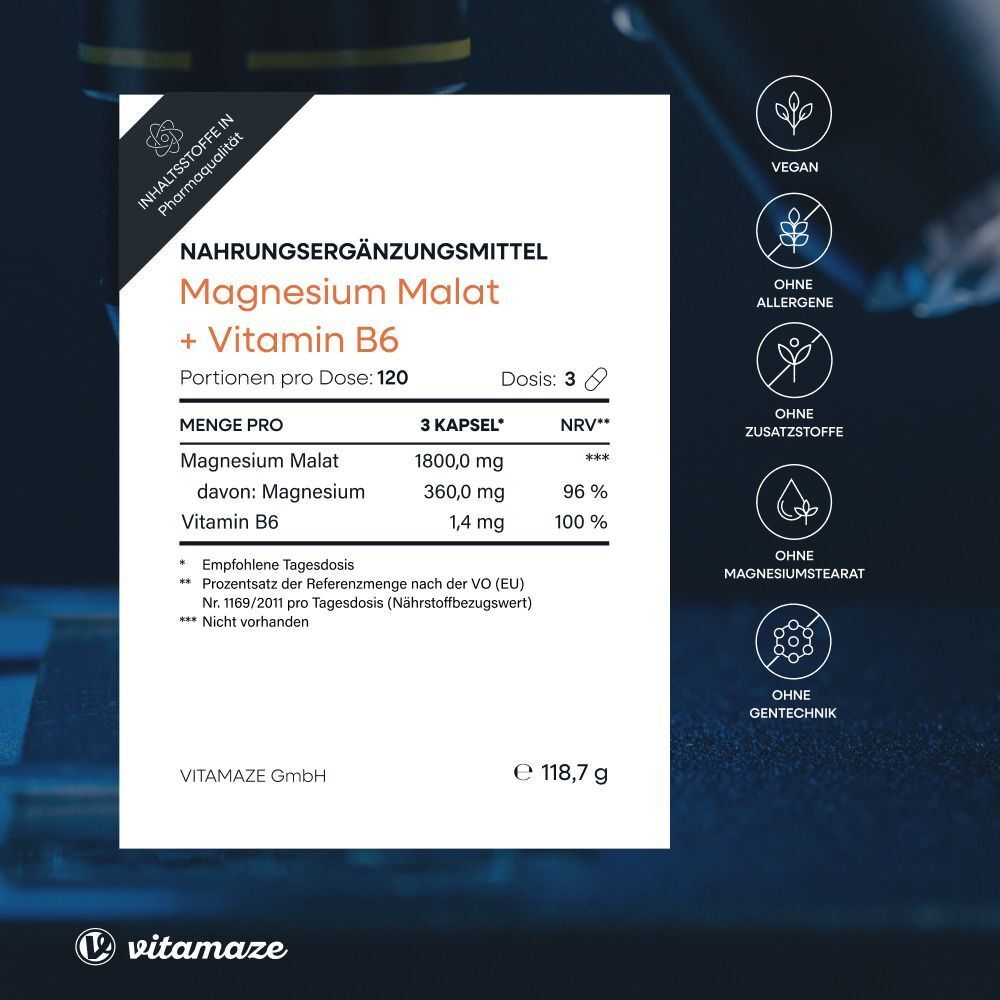 Nahrungsergänzungsmittel-Etikett: Magnesium Malat + Vitamin B6, 120 Portionen, 1800 mg pro 3 Kapseln.