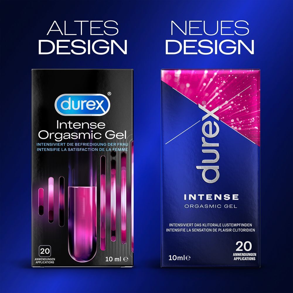 Vergleich: Altes und neues Design von Durex Intense Orgasmic Gel. Verpackungen nebeneinander.