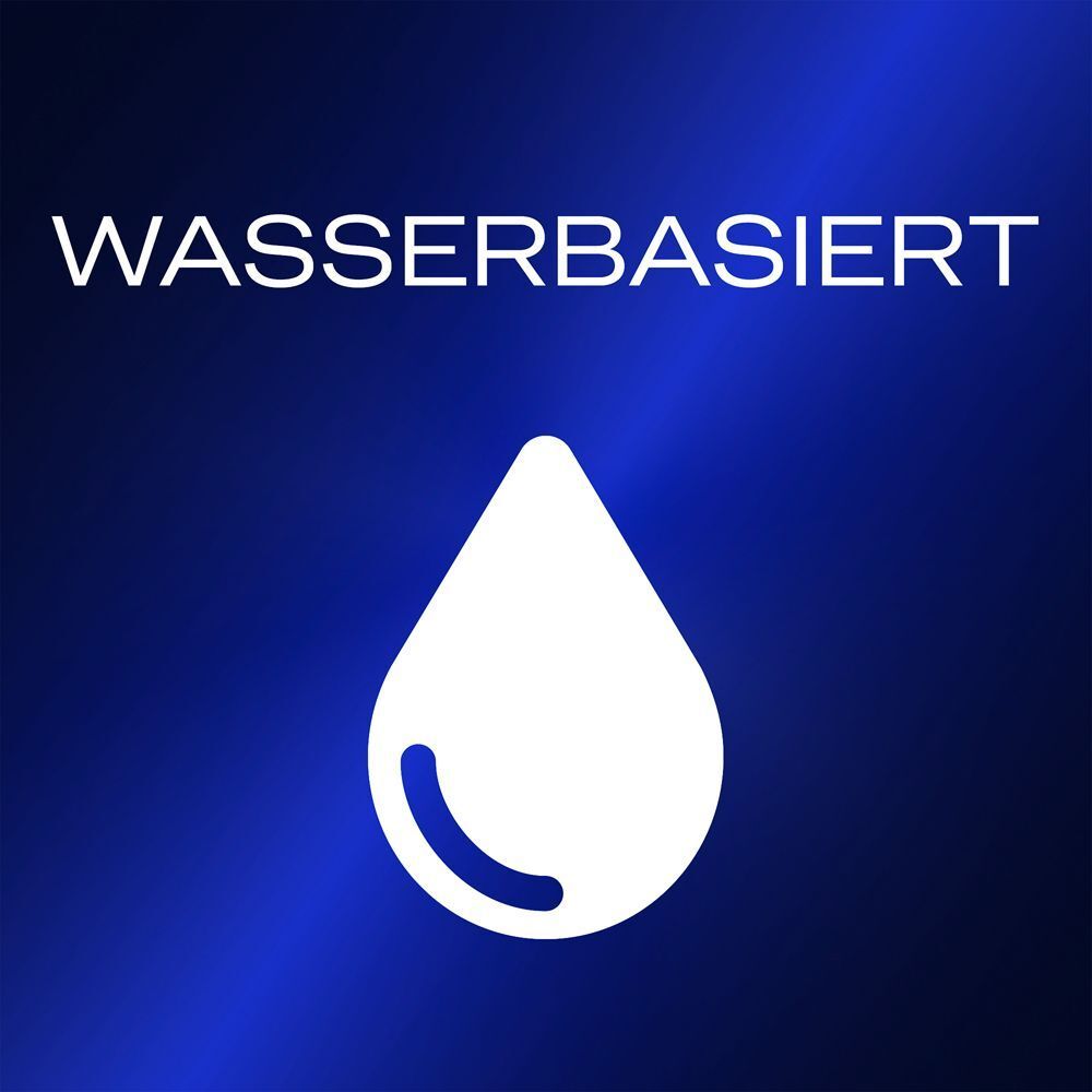 Tropfensymbol mit Text: Wasserbasiert. Weiß auf blauem Hintergrund.