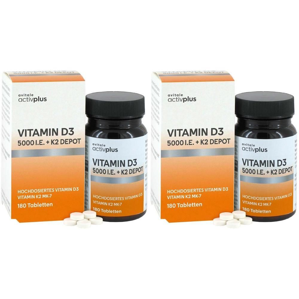 Zwei Packungen ACTIVPLUS Vitamin D3 5000 I.E.+K2 Depot Tabletten, 180 Tabletten pro Packung.