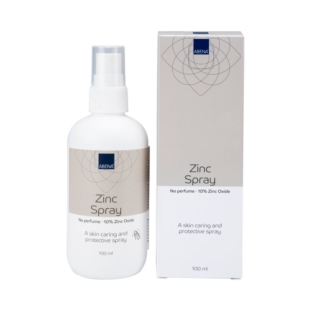 Weiße Sprühflasche und Karton. Aufschrift: ABENA, Zinc Spray, No perfume - 10% Zinc Oxide. 100 ml.
