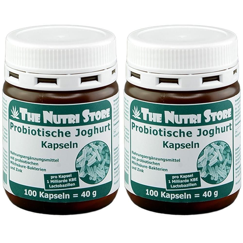 Zwei braune Dosen mit weißen Deckeln. Aufschrift: Probiotische Joghurt Kapseln. Enthält 100 Kapseln. Marke: The Nutri Store.