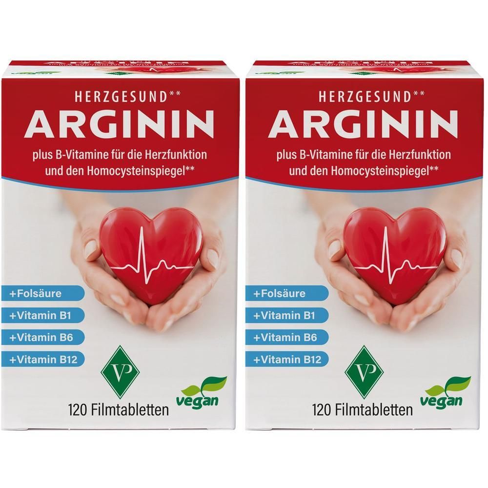 Zwei Packungen ARGININ HERZGESUND Filmtabletten. Rote Schrift auf weißem Hintergrund. Hände halten ein rotes Herz.